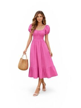 Simp & Sam Pink Smocked Maxi Dress Women's Small Puff Sleeve Cottagecore Summer